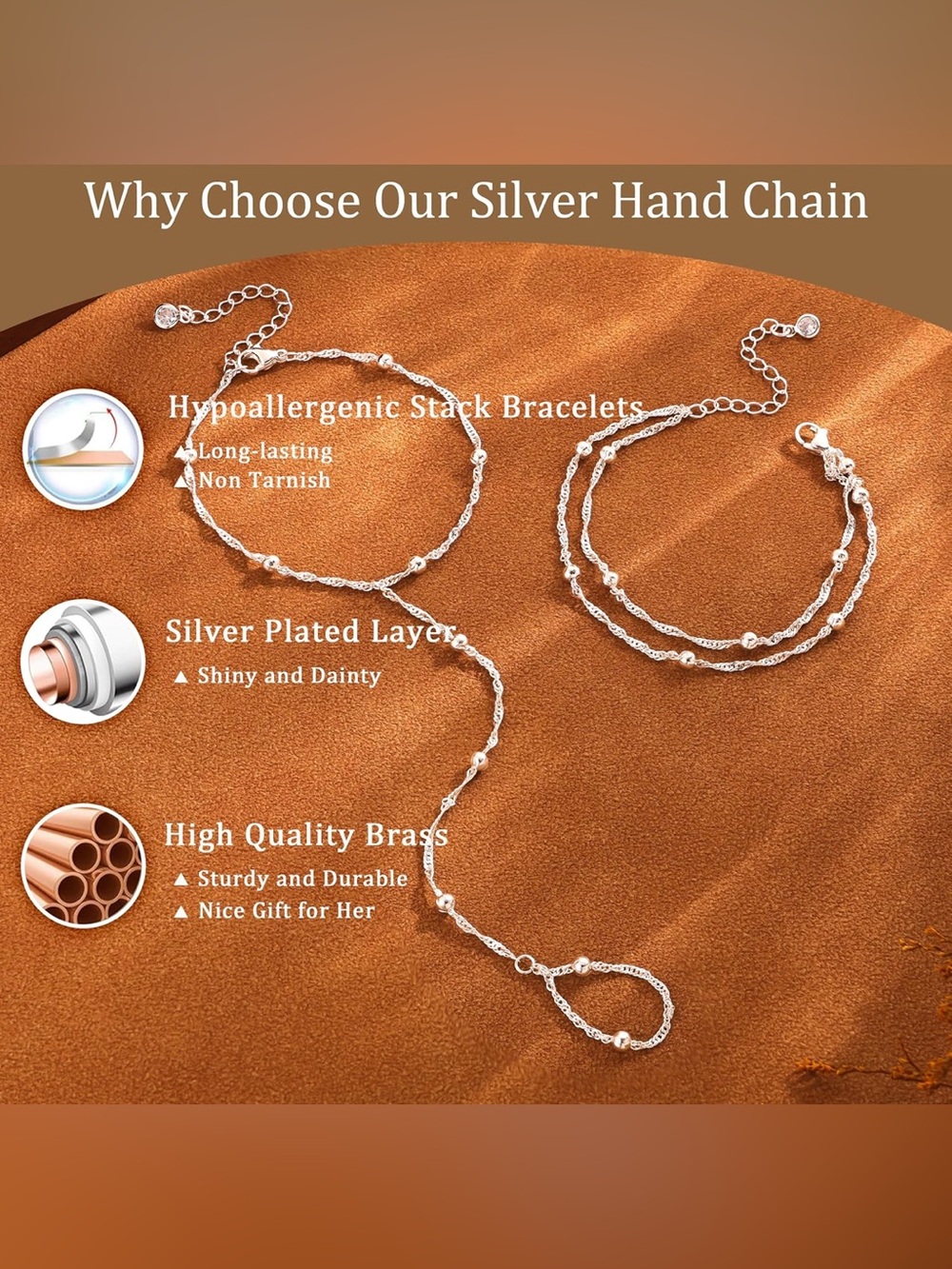 Minimalist Silver Hand Chain Bracelet with Beaded Links - Picture 3 of 4